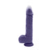 Purple realistic textured thrusting vibrator with suction cup base shown in motion on white background.