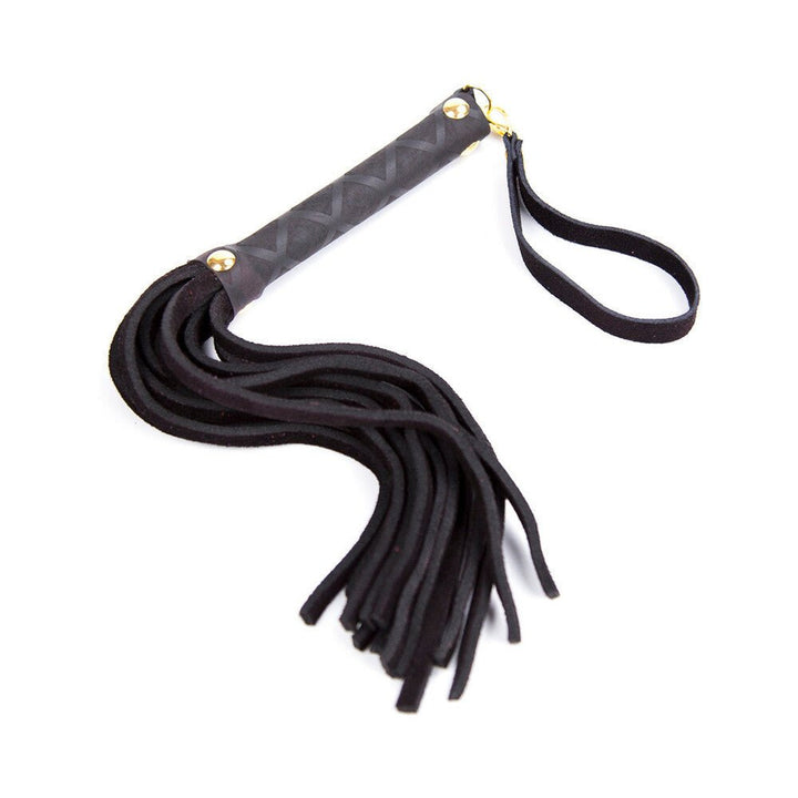 Black 11-inch mini leather flogger with wrapped handle, wrist loop, and multiple soft tails for impact play.