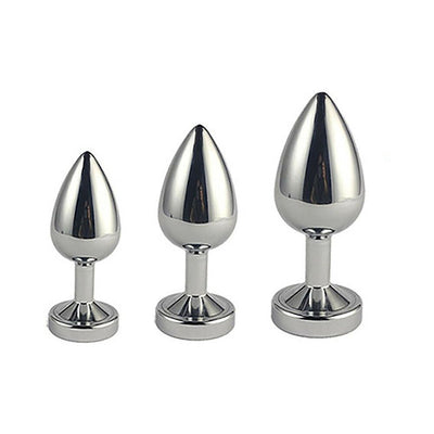 Set of three polished metal anal plugs in small, medium, and large sizes with a tapered shape and flat base.