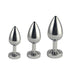 Set of three polished metal anal plugs in small, medium, and large sizes with a tapered shape and flat base.