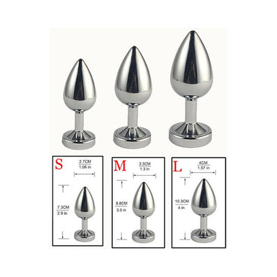 Set of three polished metal anal plugs in small, medium, and large sizes with dimensions shown for each.