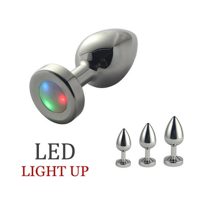 Small metal LED light-up anal plug with three colorful light modes, shown with medium and large sizes.