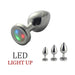 Small metal LED light-up anal plug with three colorful light modes, shown with medium and large sizes.