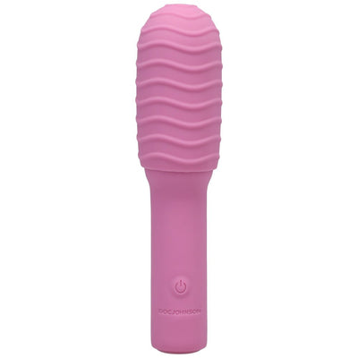 Pink rechargeable mini massager with textured removable silicone sleeve and power button on handle.