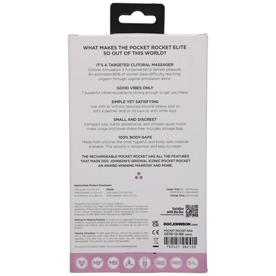 Back packaging of Pocket Rocket Elite rechargeable bullet vibrator detailing features, dimensions, usage, and safety information.