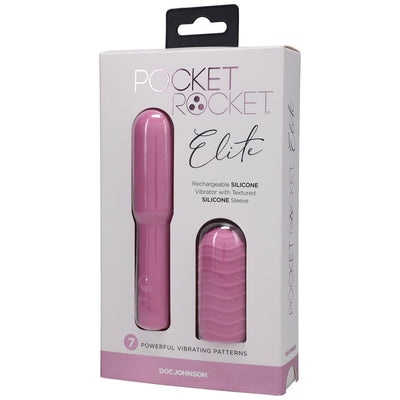Packaging of Pocket Rocket Elite rechargeable silicone vibrator with textured removable sleeve in pink, featuring 7 vibrating patterns.