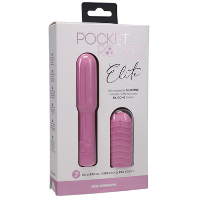 Packaging of Pocket Rocket Elite rechargeable silicone vibrator with removable textured sleeve in pink by Doc Johnson