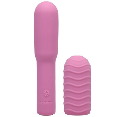 Pink rechargeable bullet vibrator with removable textured silicone sleeve by Doc Johnson.