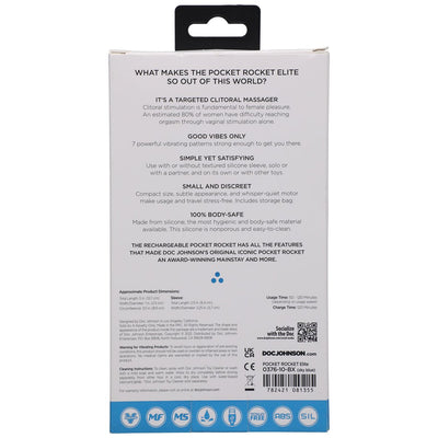 Back packaging of Pocket Rocket Elite showing product features, usage instructions, and safety information in black text on white background.