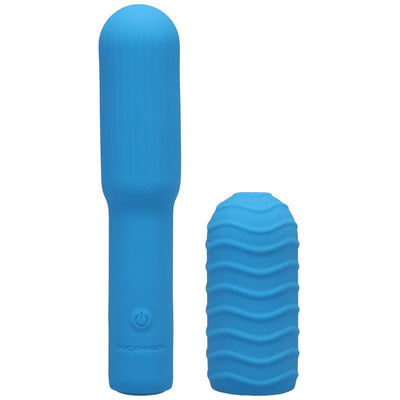 Compact blue rechargeable bullet vibrator with smooth body and removable textured silicone sleeve.