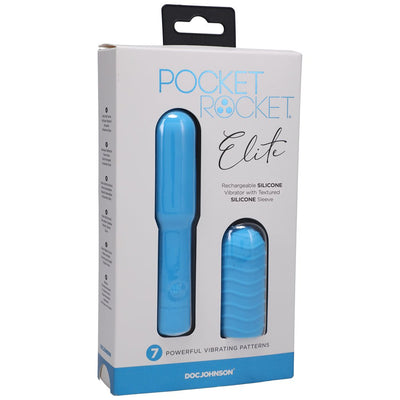 Packaging of Pocket Rocket Elite rechargeable silicone bullet vibrator with removable textured sleeve in blue by Doc Johnson
