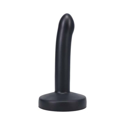Black slim silicone dildo with a curved tip and wide base designed for strap-on use.