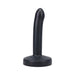 Black slim silicone dildo with a curved tip and wide base designed for strap-on use.