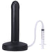 Black slim silicone dildo with flat base connected to a clear tube and syringe for squirting feature.