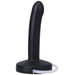 Black slim silicone squirting dildo with a curved tip and attached clear tubing on a flat base.