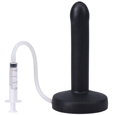 Black slim silicone squirting dildo with attached clear tube and syringe for fluid release.