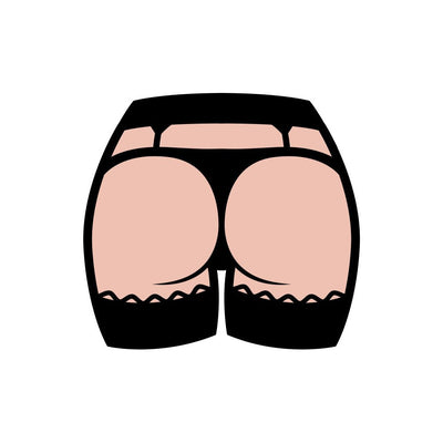 Enamel lapel pin featuring a stylized illustration of a butt wearing black lingerie and garter belt.