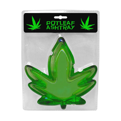 Green plastic ashtray shaped like a stylized pot leaf in clear retail packaging with black and green label.
