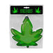 Green plastic ashtray shaped like a stylized pot leaf in clear retail packaging with black and green label.