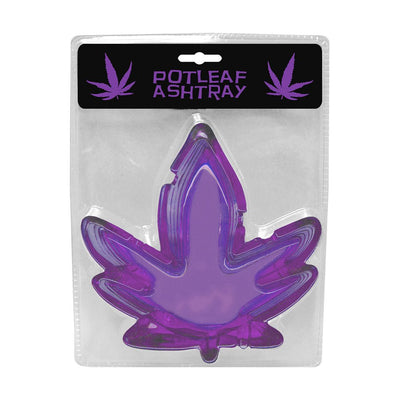 Purple glass ashtray shaped like a pot leaf in clear retail packaging with black and purple label.