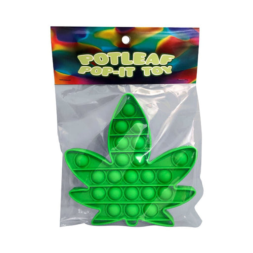 Green silicone pop-it fidget toy shaped like a potleaf in clear packaging with colorful header card.