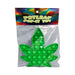 Green silicone pop-it fidget toy shaped like a potleaf in clear packaging with colorful header card.