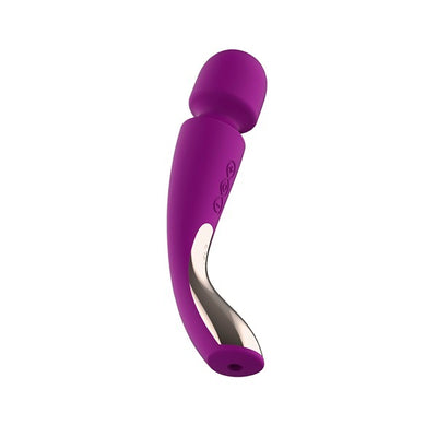 Purple silicone smart wand massager with curved handle and three-button control panel.