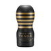 Black and gold Premium Tenga Original Vacuum Cup Strong with sleek striped design and compact shape.