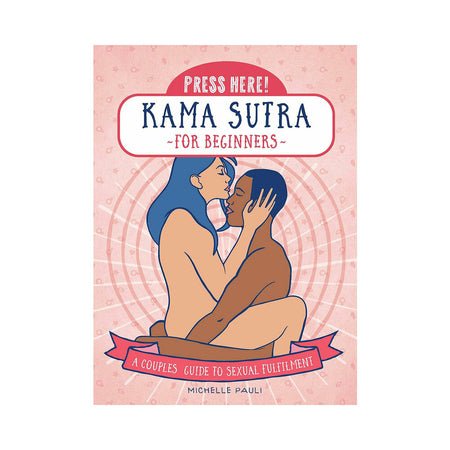 Cover of "Press Here! Kama Sutra for Beginners" featuring an illustrated couple embracing against a pink background.