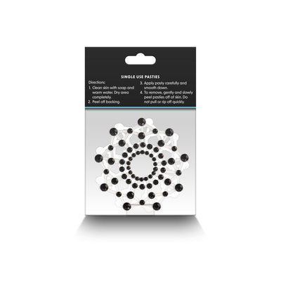 Pretty Pasties Charm III Black adhesive nipple covers with black gem accents in a circular pattern on packaging.