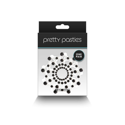 Pretty Pasties Charm III Black adhesive nipple covers with black gem design in decorative circular pattern on packaging.
