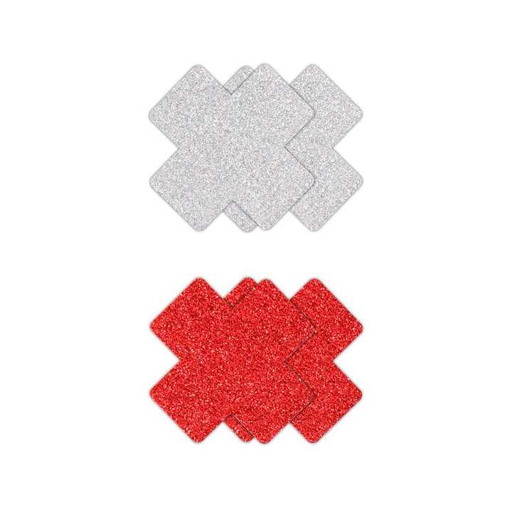 Two pairs of glitter adhesive nipple covers in cross shapes, one pair in silver and one pair in red.