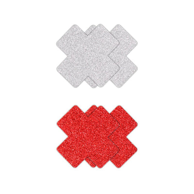 Pretty Pasties Glitter Cross Red/silver 2 Pair - SexToy.com