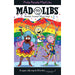 Cover of Pride Parade Mad Libs book featuring colorful cartoon characters celebrating with rainbow flags and confetti.
