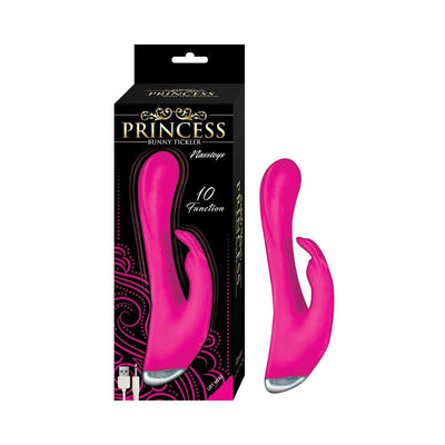 Pink dual stimulator massager with curved design and bunny ear attachment next to its black and gold packaging box.