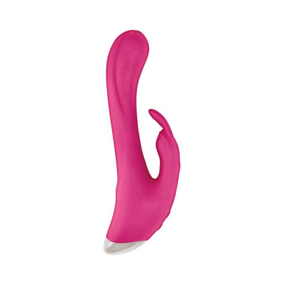 Pink silicone dual stimulator with curved shaft and rabbit-shaped clitoral attachment.