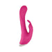 Pink silicone dual stimulator with curved shaft and rabbit-shaped clitoral attachment.