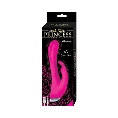 Pink dual stimulator massager with bunny-shaped clitoral stimulator in black and pink packaging.