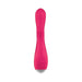 Pink silicone dual stimulator with bunny ear detail and ergonomic shape on white background.