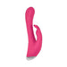 Pink silicone dual stimulator with curved shaft and rabbit-shaped clitoral attachment, sleek and ergonomic design.