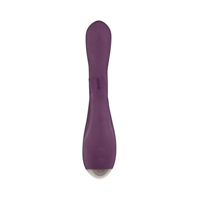 Purple silicone dual stimulator with bunny ear design and ergonomic shape, featuring control buttons at the base.