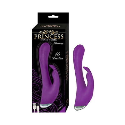 Purple dual stimulator silicone massager with curved design and bunny-shaped clitoral stimulator next to its black and gold packaging.
