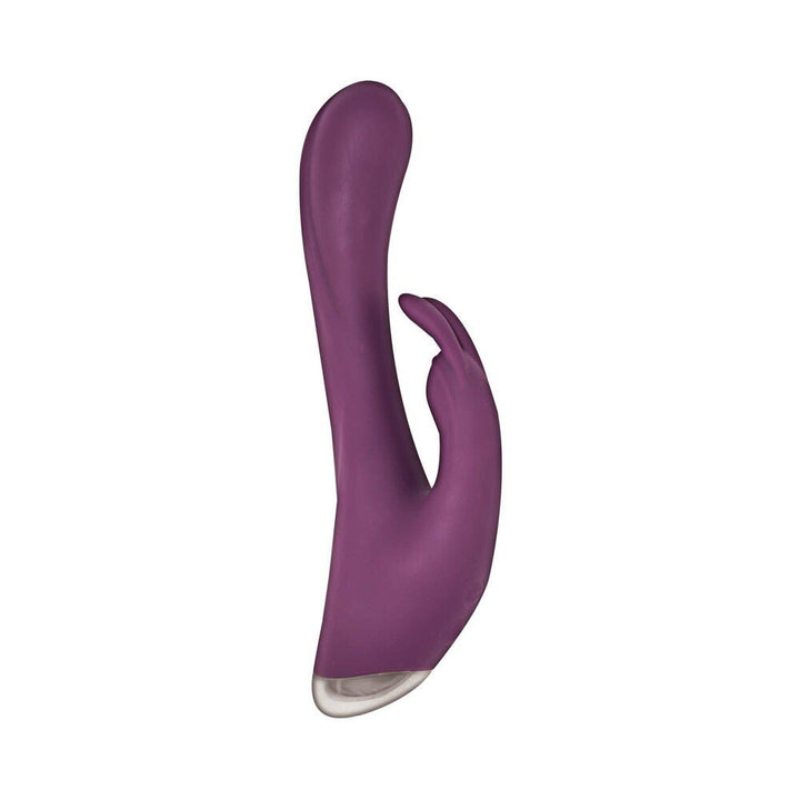 Purple silicone dual stimulator with curved shaft and bunny ear design on white background