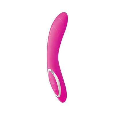 Pink silicone G-spot vibrator with curved design and control buttons on the handle.