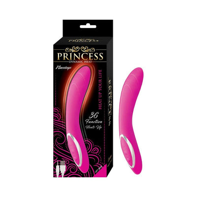 Pink silicone Princess Dynamic Heat G-spot vibrator with curved design and control buttons, shown with packaging and USB charger.