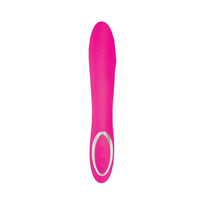 Pink silicone G-spot vibrator with ergonomic shape and control buttons, designed for targeted stimulation.