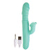 Mint green silicone dual-motor vibrator with textured shaft, clitoral stimulator, and USB charging cable.