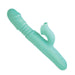 Mint green silicone dual-motor vibrator with textured shaft and clitoral stimulator, featuring control buttons on the handle.
