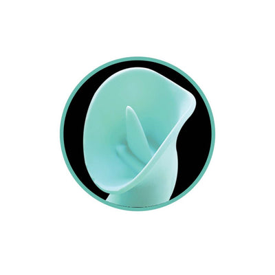 Close-up of the soft, silicone clitoral-licking pinwheel attachment in light teal for the Princess Passion Heat vibrator.