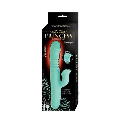 Mint green silicone dual-action vibrator with clitoral stimulator, USB rechargeable, in black and gold Princess Passion Heat packaging.